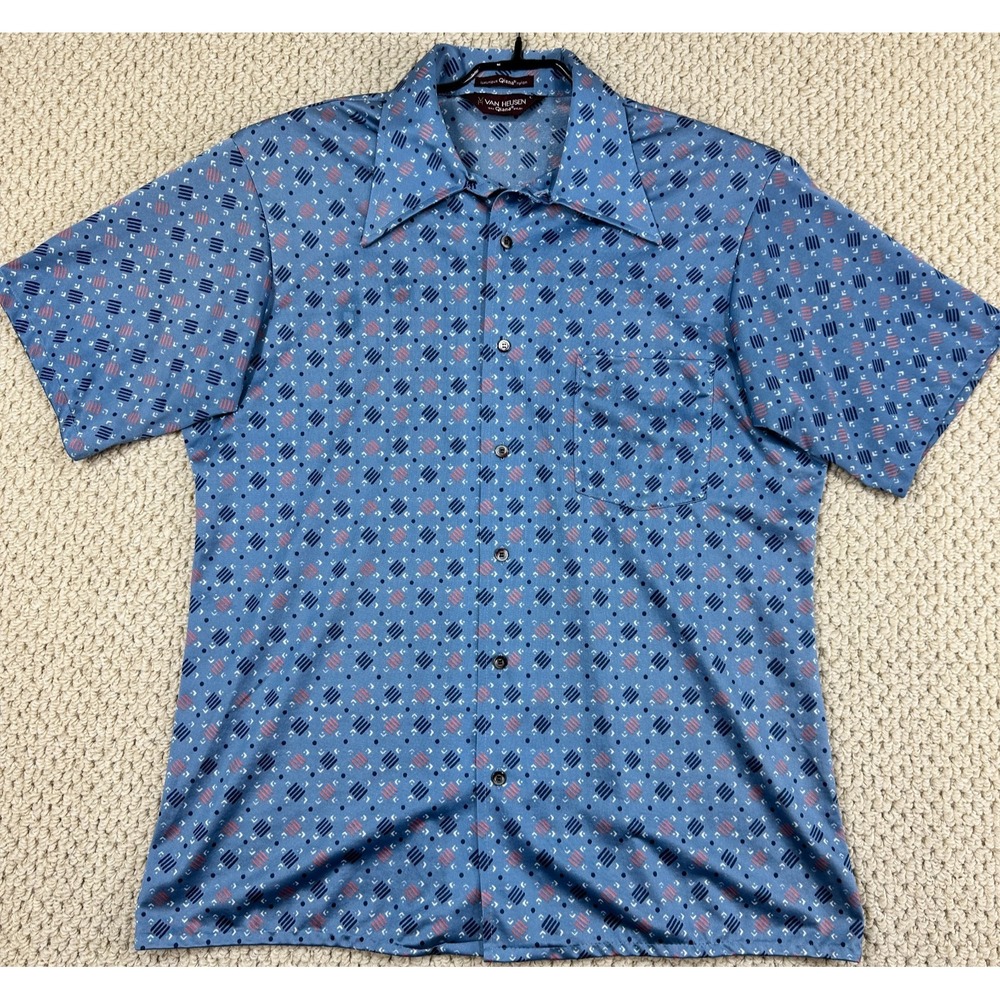 Vtg Van Heusen Shirt Men L Blue Geometric Luxury Qiana Nylong Disco Short Sleeve